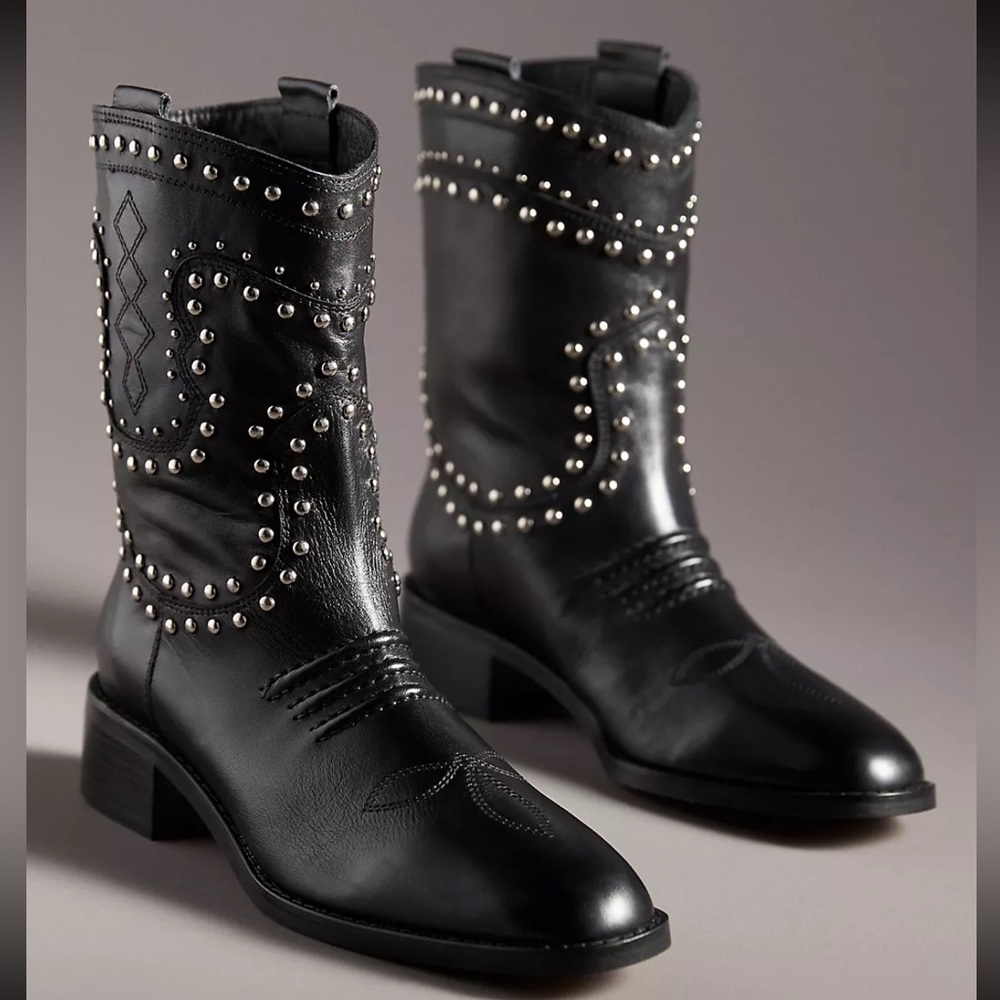 New Bibi Lou Anthropologie Briawa Studded 8 Black MidCalf Soft Leather Western